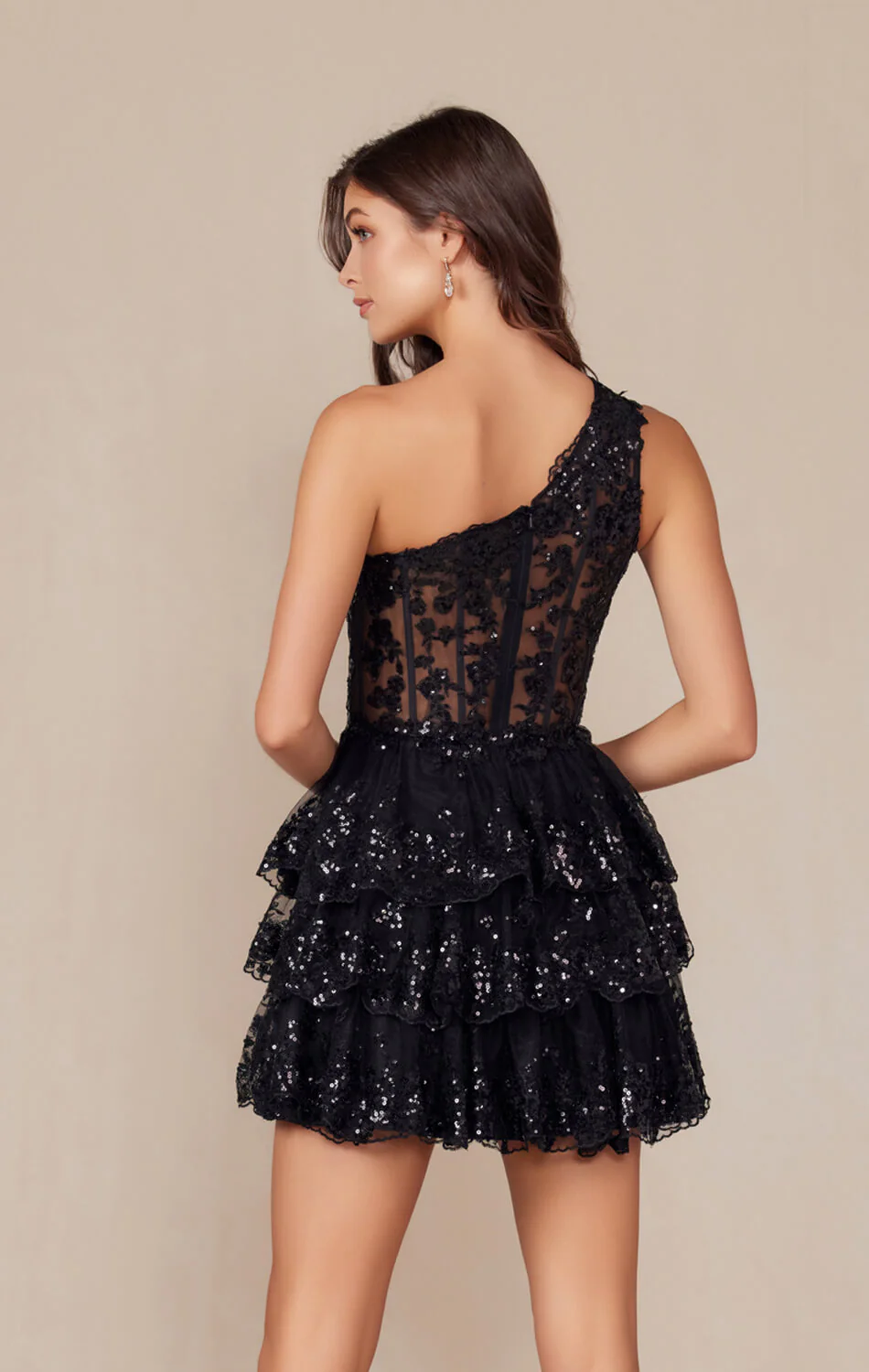 CHRISTIE MINI DRESS - BLACK - ONE SHOULDER TIERED SHORT DRESS - Image 5