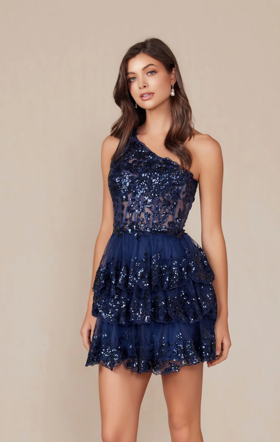 CHRISTIE MINI DRESS - NAVY BLUE - ONE SHOULDER TIERED SHORT DRESS - Image 2