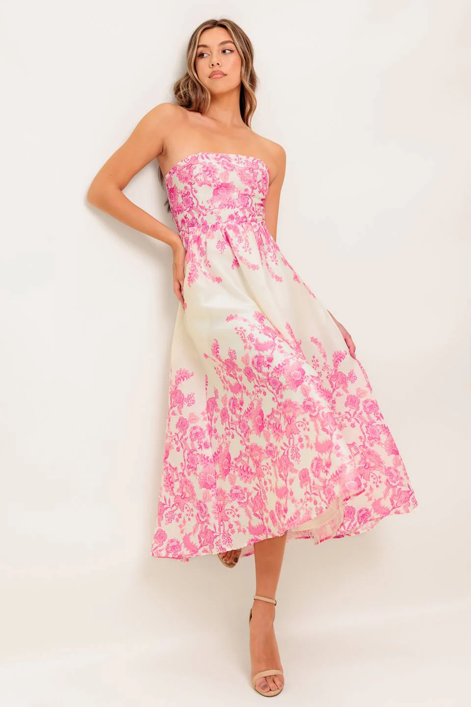 COCO PINK FLORAL STRAPLESS COCKTAIL DRESS - Image 3
