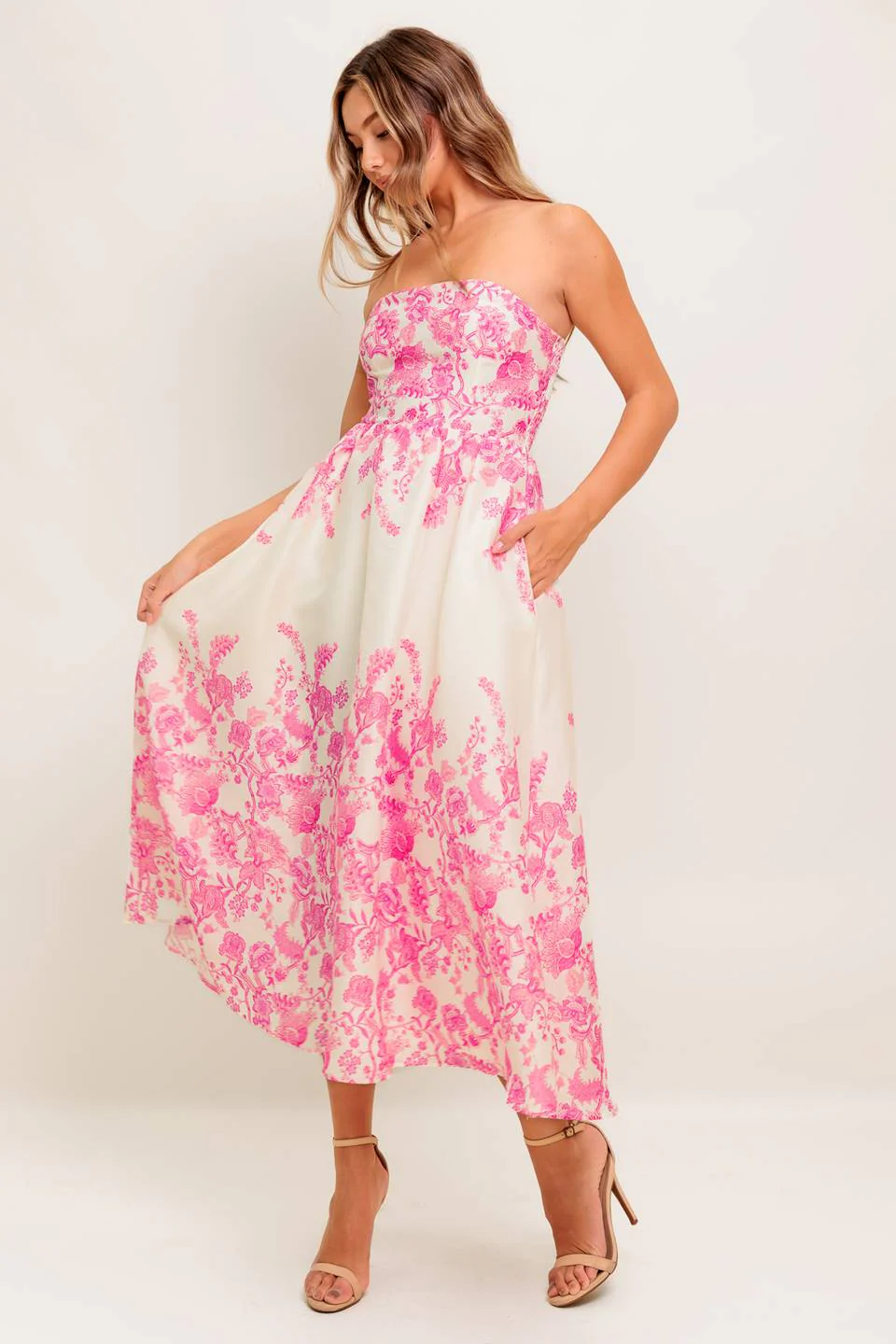 COCO PINK FLORAL STRAPLESS COCKTAIL DRESS - Image 5