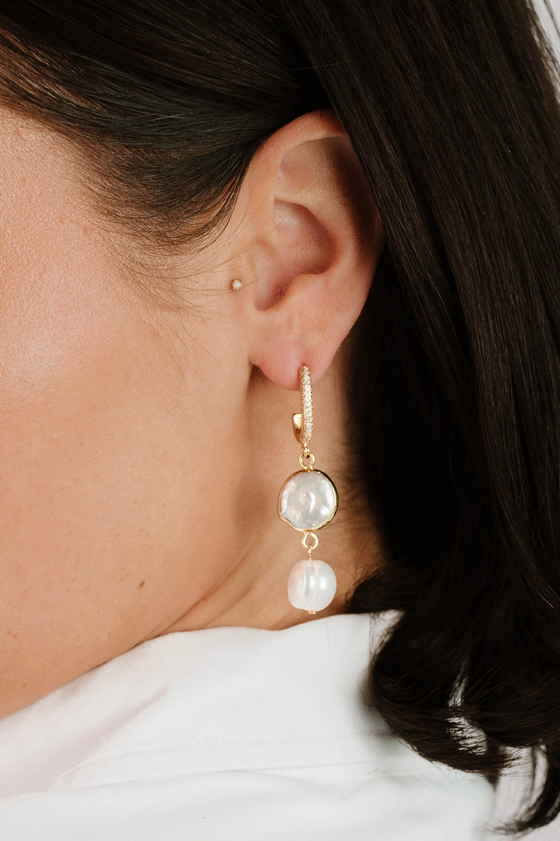 Dangling Freshwater Pearl Huggie Hoop Earrings - Image 3