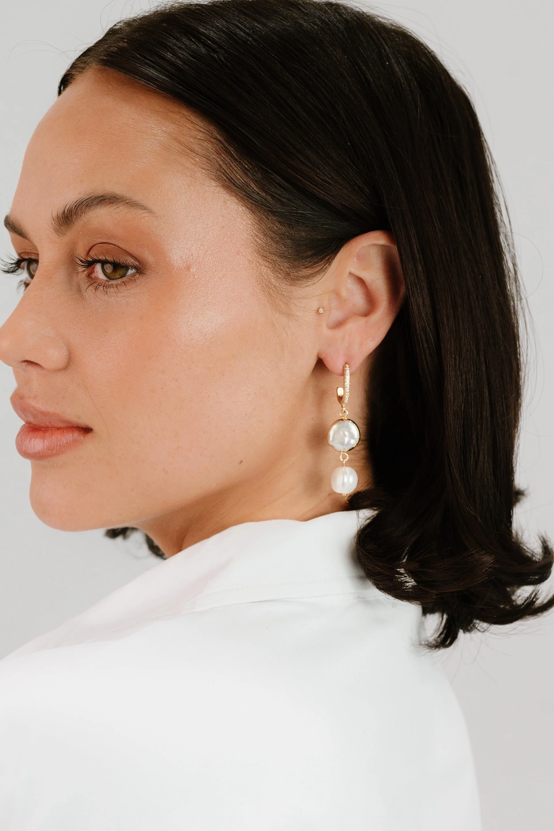 Dangling Freshwater Pearl Huggie Hoop Earrings - Image 7