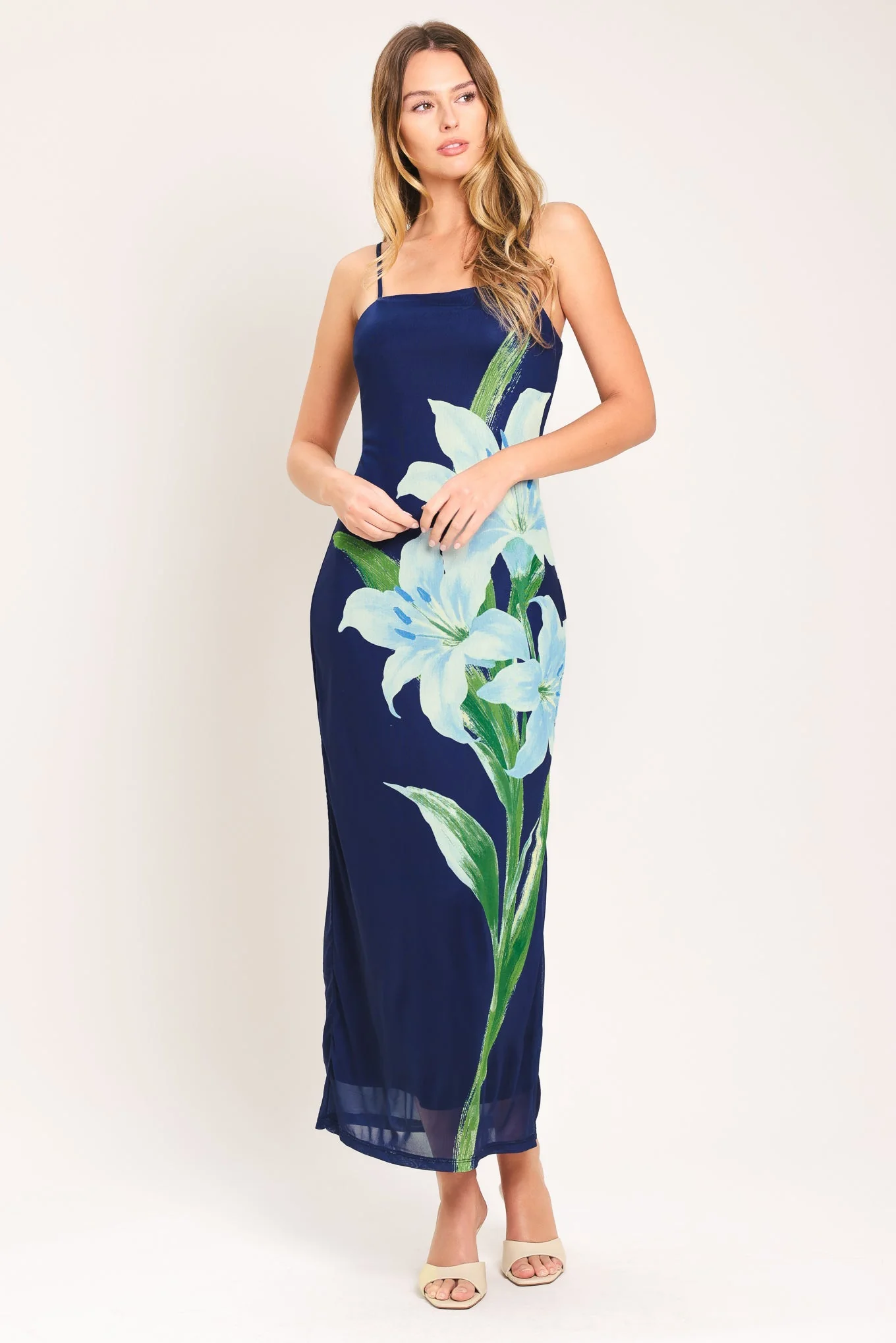 DEEP BLOOM POWER MESH MIDI DRESS