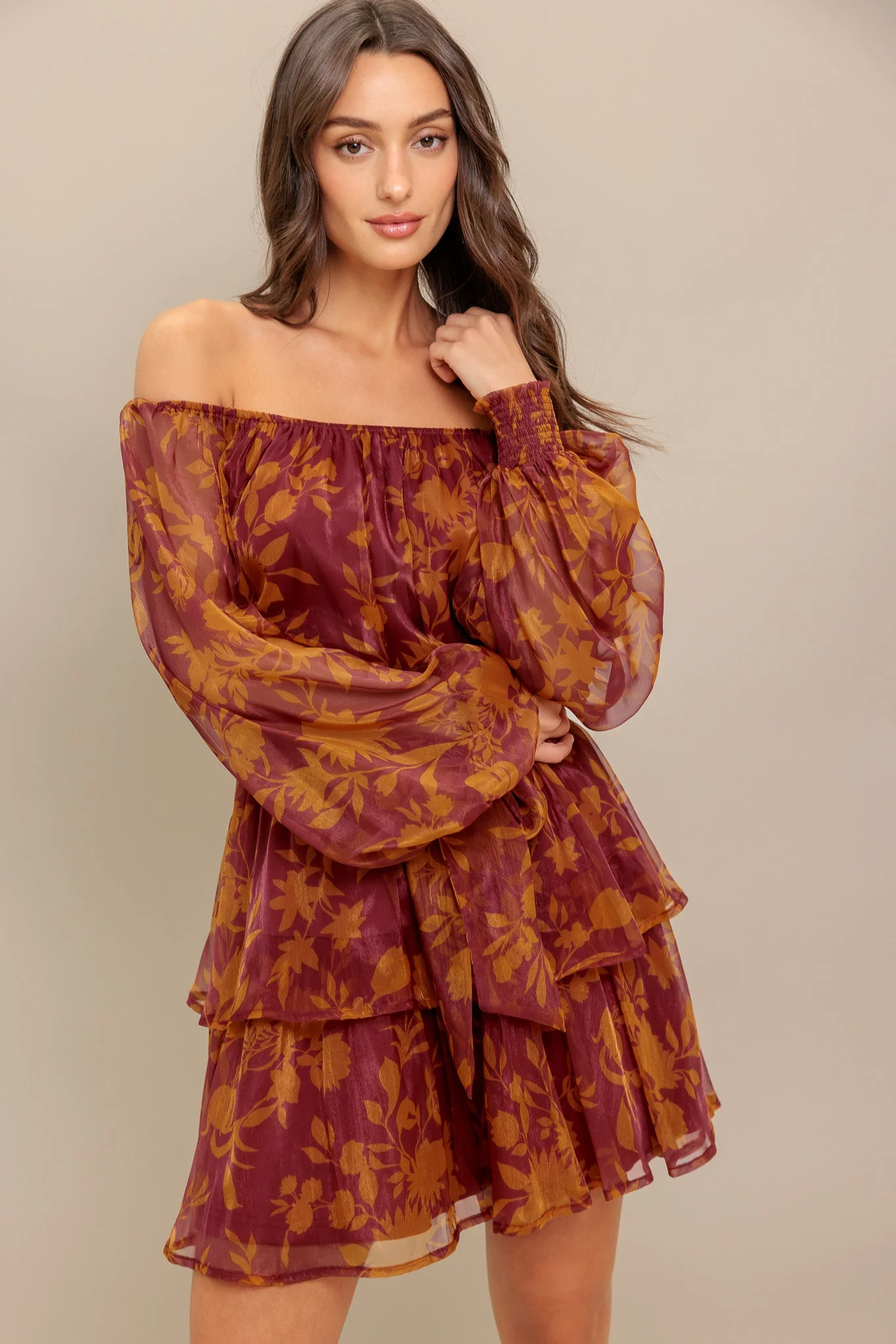 Destiny Maroon Floral Long Sleeve Mini Dress - Image 7