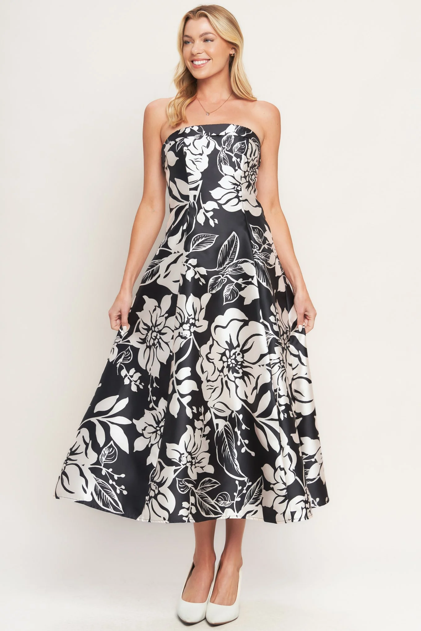 ELEGANT BLOOM SWIRL BLACK FLORAL MIDI DRESS - Image 4