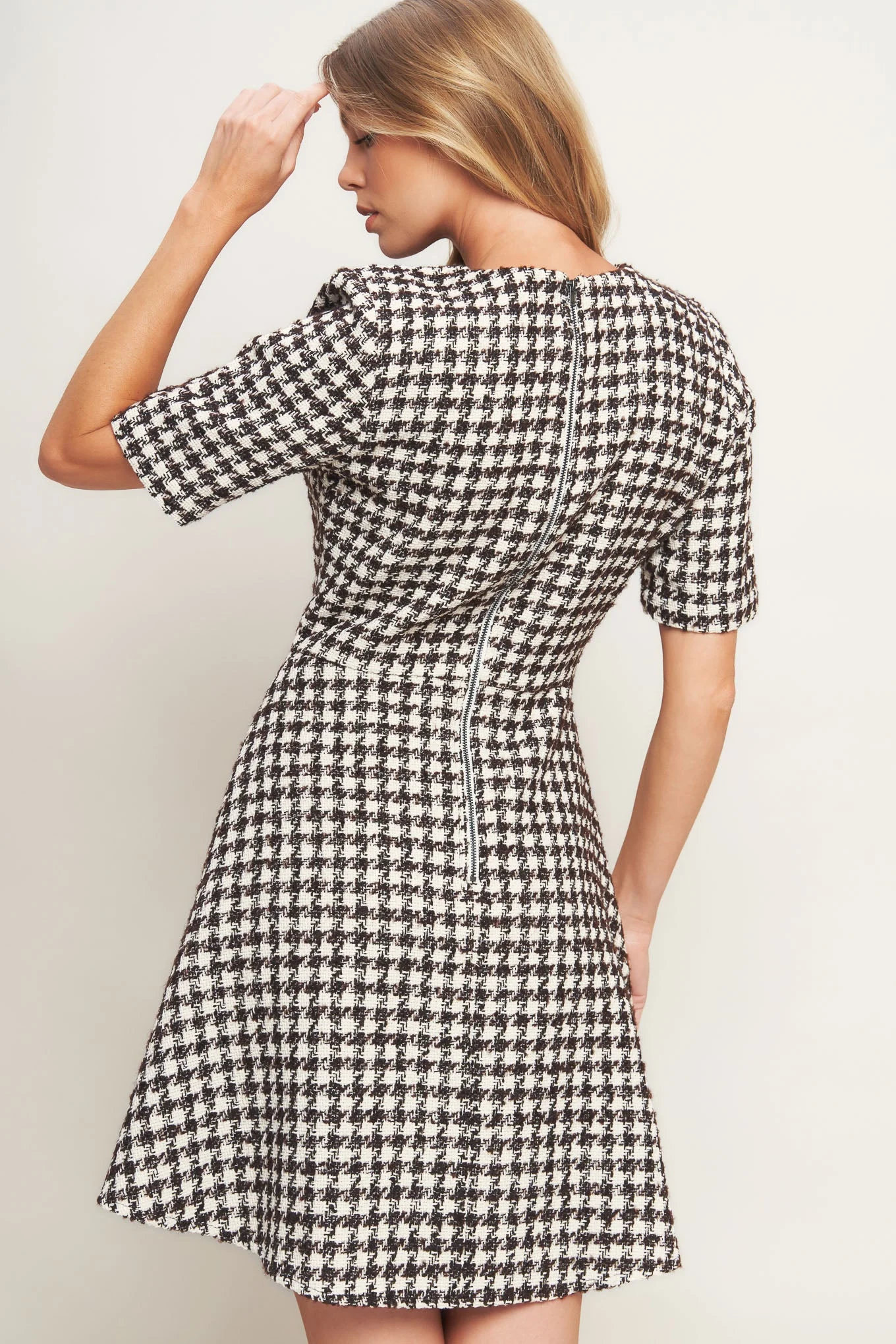 ELEGANT CHECK BROWN TWEED MINI DRESS - FINAL SALE - Image 3
