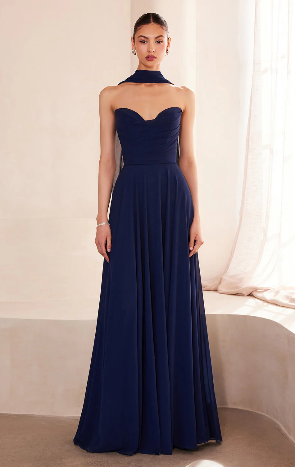 Ella Gown - A-line Strapless Chiffon Dress With Scarf - Image 2