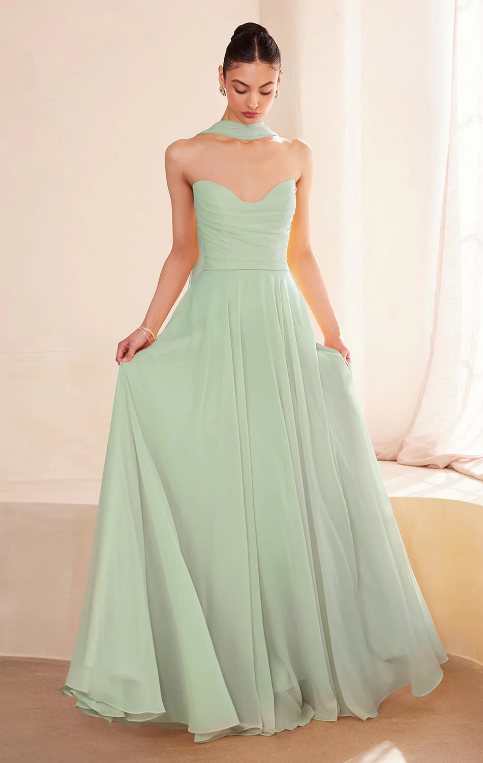 Ella Gown - A-line Strapless Chiffon Dress With Scarf - Image 4