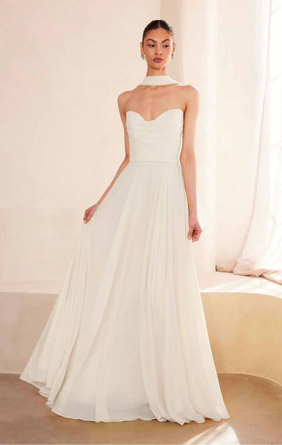 Ella Gown - A-line Strapless Chiffon Dress With Scarf - Off White - Image 2