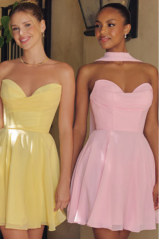 Ella Mini Dress - A-line Strapless Chiffon Cocktail Dress With Scarf - Image 15