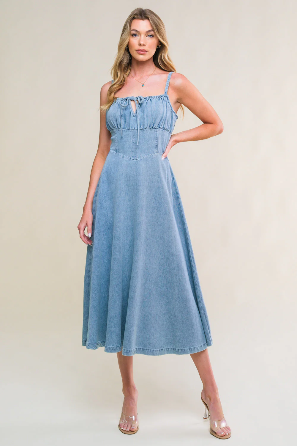 FESTIVAL DAYS FRONT TIE DENIM MIDI DRESS - Image 3