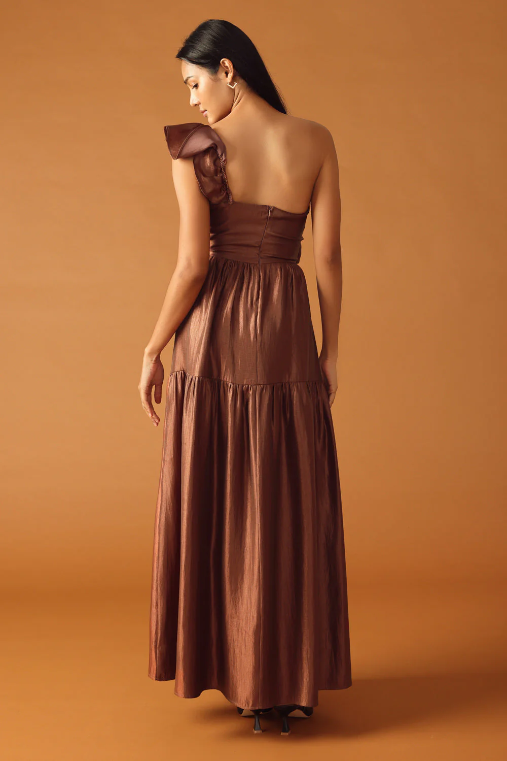 FIND THE ANSWER BROWN SATIN ONE SHOULDER MAXI DRESS - Image 3