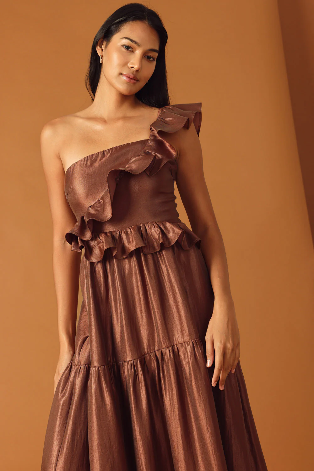 FIND THE ANSWER BROWN SATIN ONE SHOULDER MAXI DRESS - Image 5