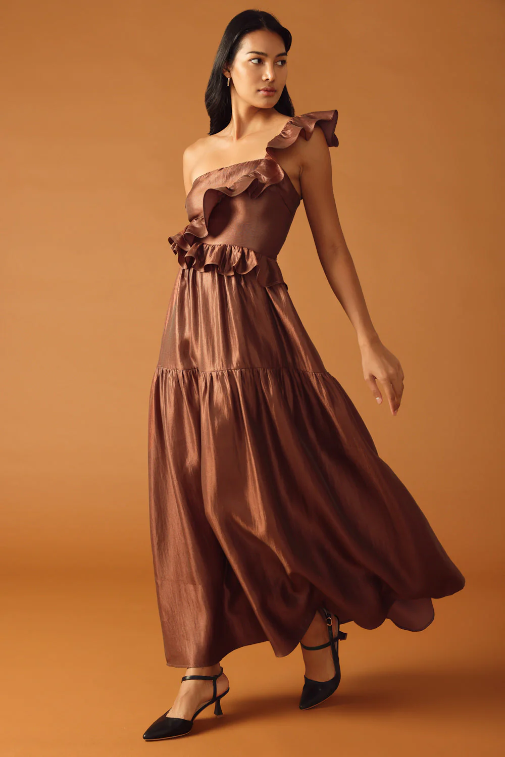 FIND THE ANSWER BROWN SATIN ONE SHOULDER MAXI DRESS - Image 6
