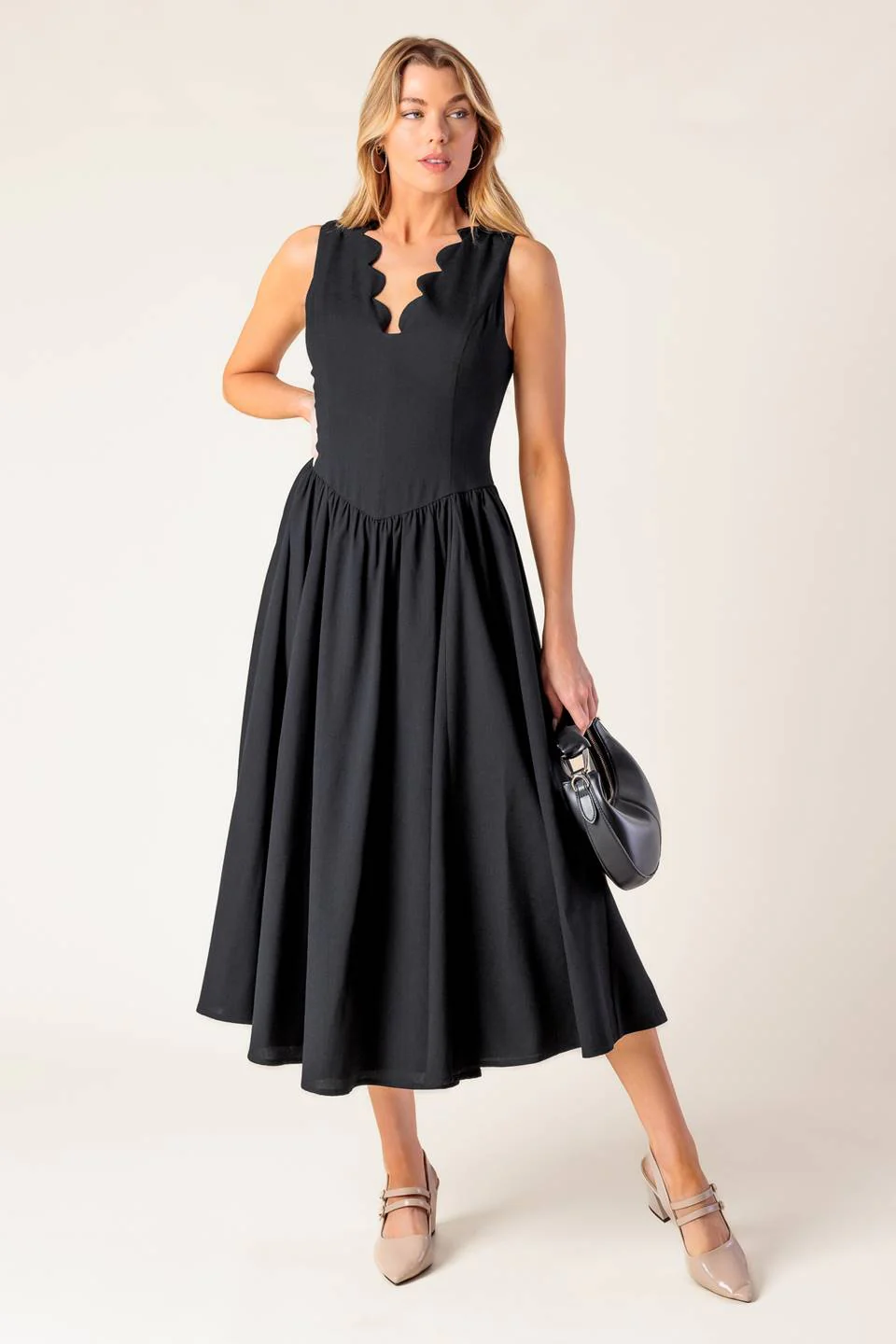 FOR THE RECORD SCALLOP-V MIDI DRESS - BLACK - Image 3