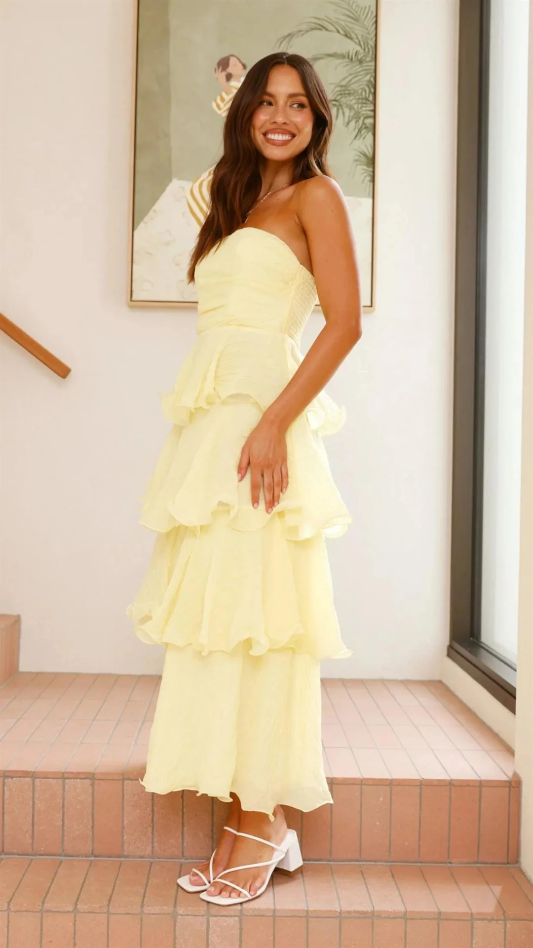 Gabby Maxi Dress - Lemon Yellow - Strapless Tiered Dress - Image 2