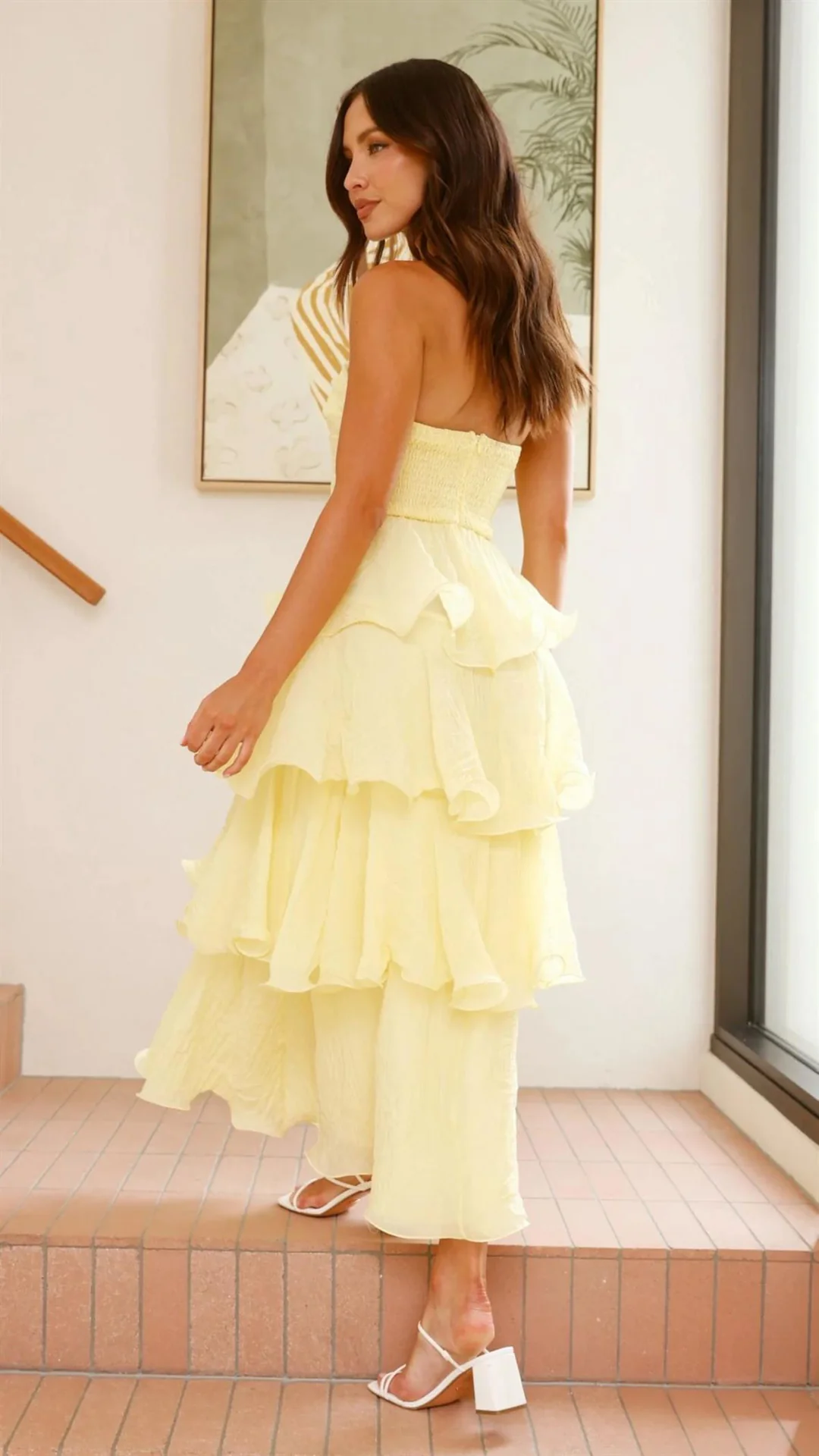 Gabby Maxi Dress - Lemon Yellow - Strapless Tiered Dress - Image 3