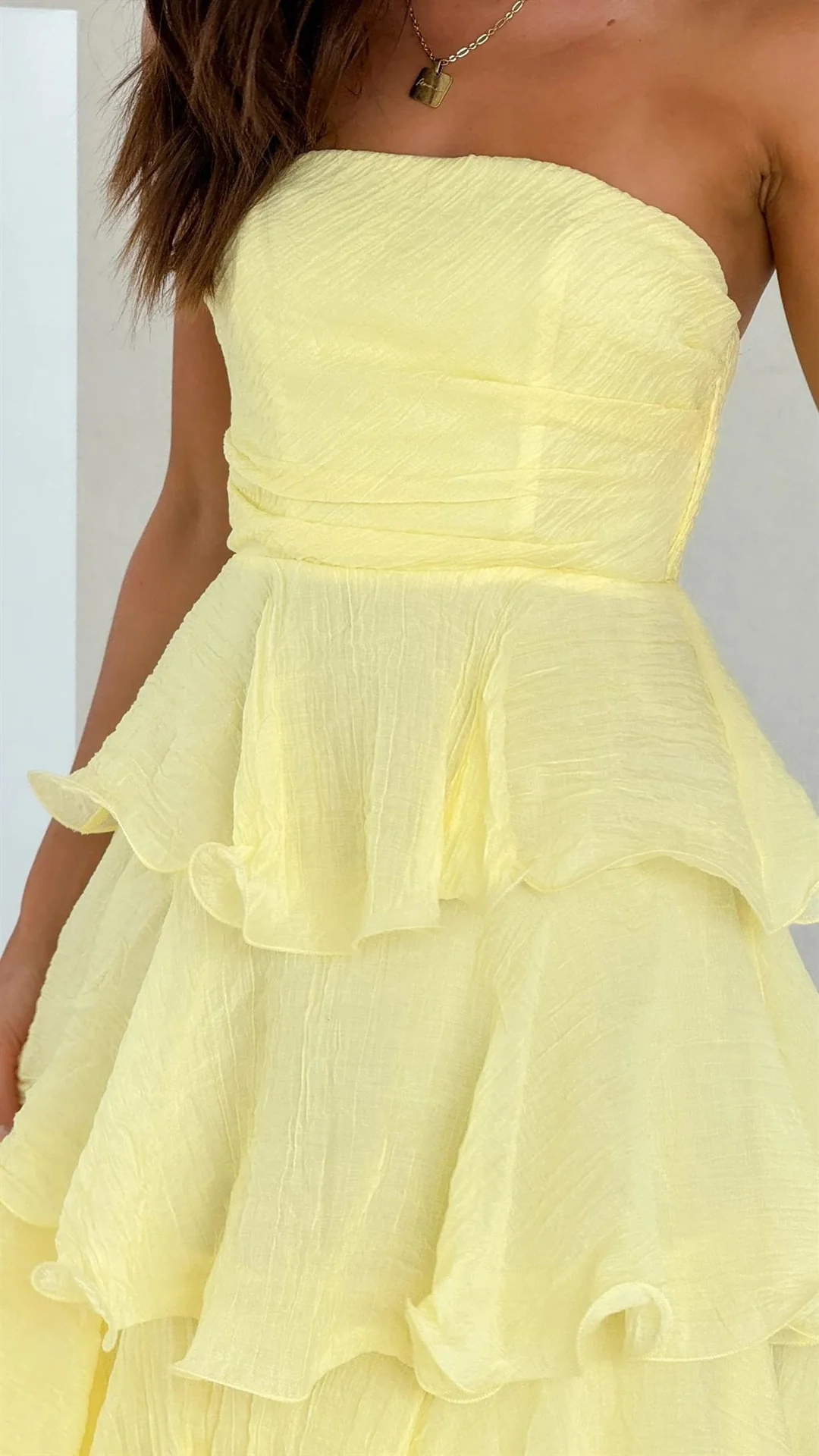 Gabby Maxi Dress - Lemon Yellow - Strapless Tiered Dress - Image 4