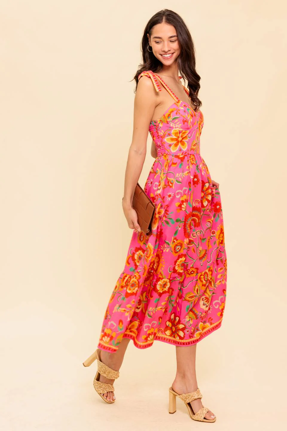 GARDEN GATHERING BUSTIER MIDI DRESS - PINK MULTI - Image 3