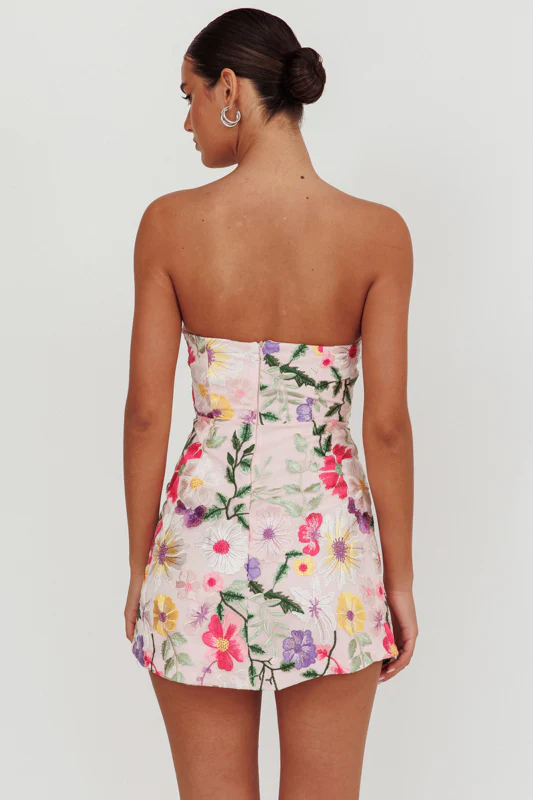 Gardenia Mini Dress - Strapless Floral Embroidered Mini - Image 2