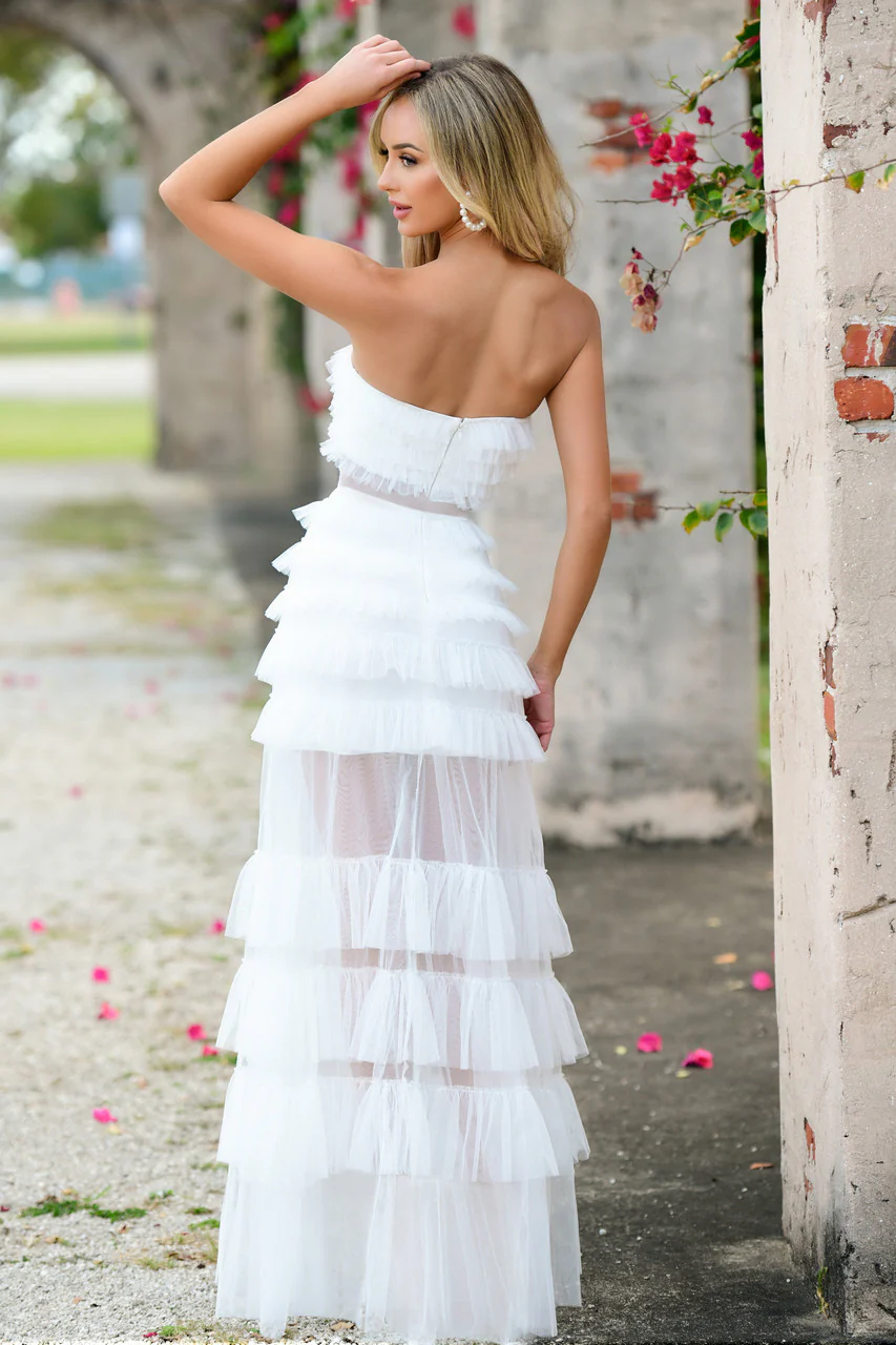 Georgia Maxi Dress - White - Ruffle Tulle Dress With Sheer Detail - Image 3