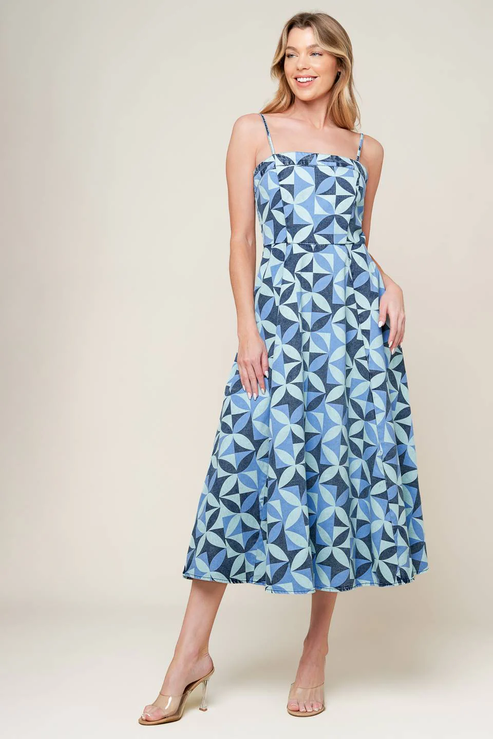 GWENNY - GEOMETRIC BLUE DENIM MIDI DRESS - Image 3