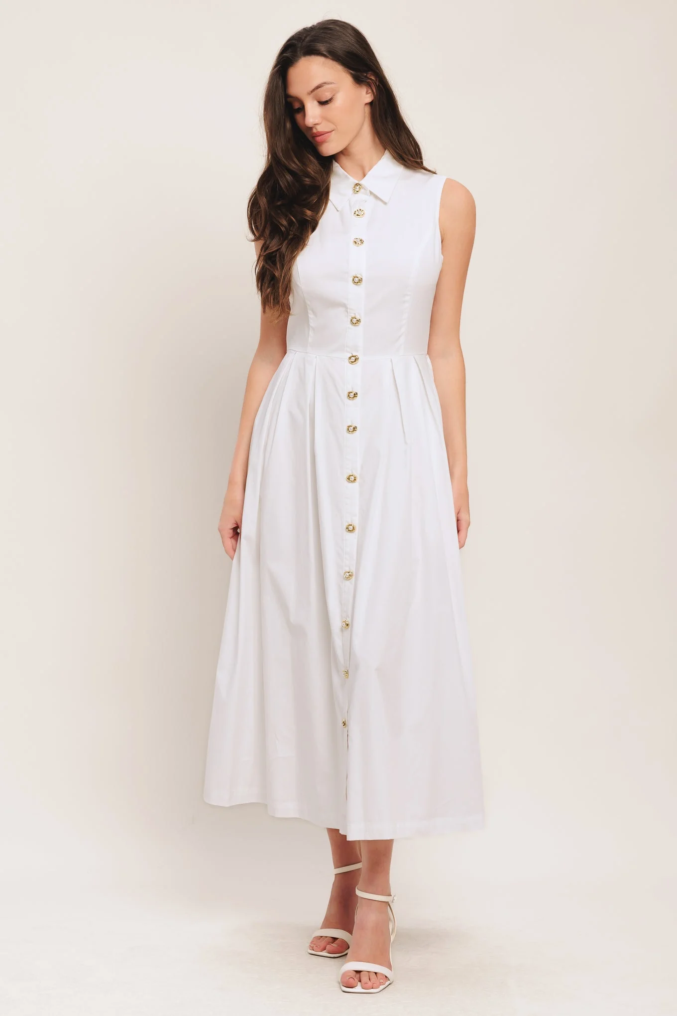 PEARL BUTTON DOWN WHITE MIDI DRESS - Image 3
