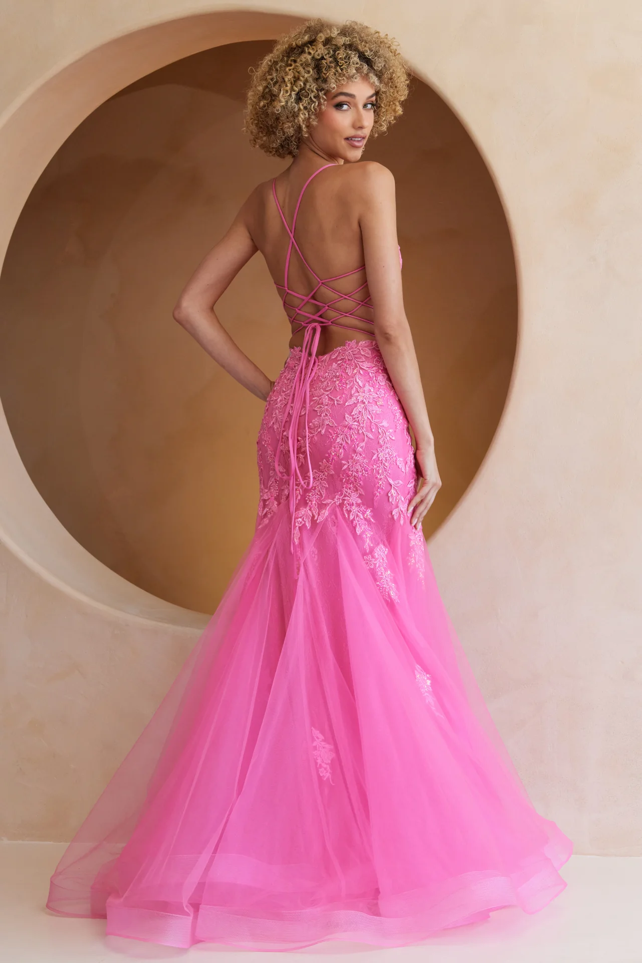 Hera Gown - Pink - Tulle & Floral Lace Mermaid Dress - Image 3