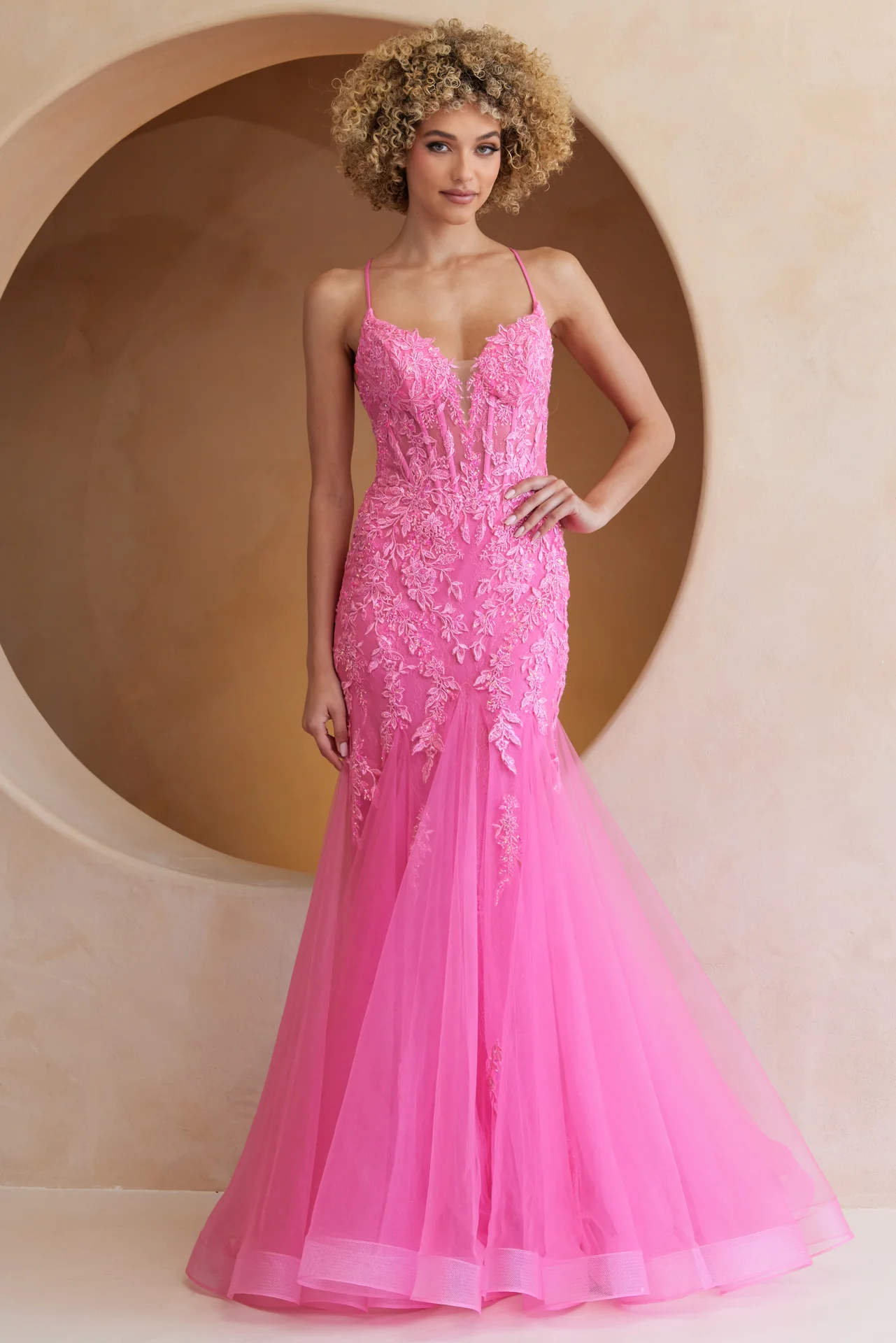 Hera Gown - Pink - Tulle & Floral Lace Mermaid Dress - Image 4