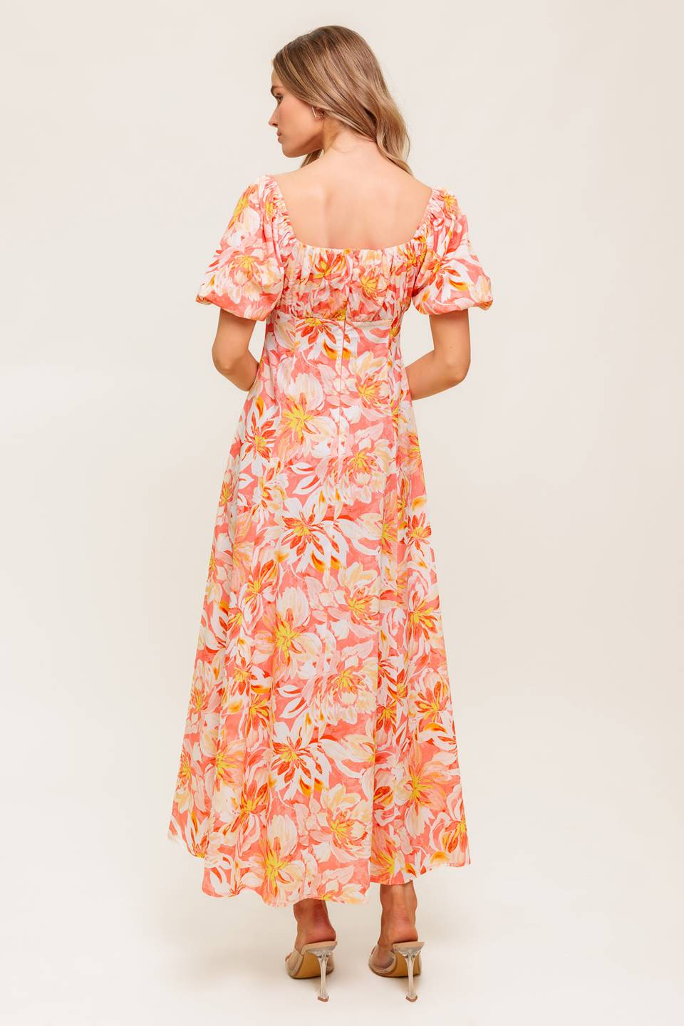 ISLAND FLOWERS PUFF SLEEVE MIDI DRESS - CORAL - FINAL SALE - Image 2
