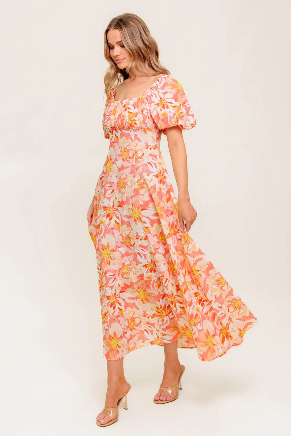 ISLAND FLOWERS PUFF SLEEVE MIDI DRESS - CORAL - FINAL SALE - Image 3