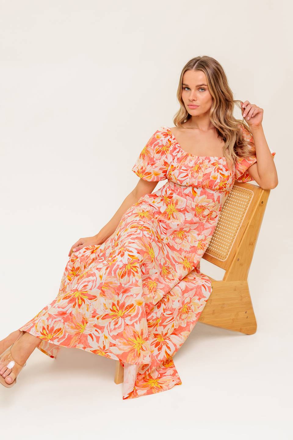 ISLAND FLOWERS PUFF SLEEVE MIDI DRESS - CORAL - FINAL SALE - Image 4