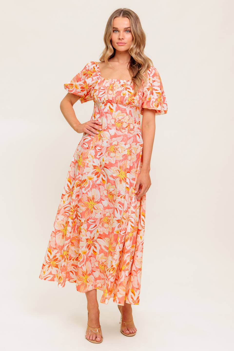 ISLAND FLOWERS PUFF SLEEVE MIDI DRESS - CORAL - FINAL SALE - Image 5
