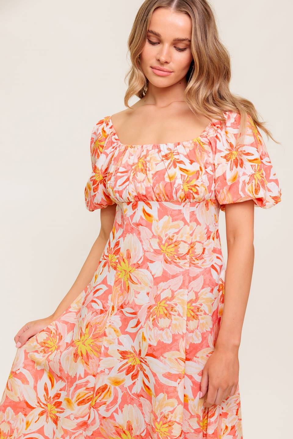 ISLAND FLOWERS PUFF SLEEVE MIDI DRESS - CORAL - FINAL SALE - Image 6