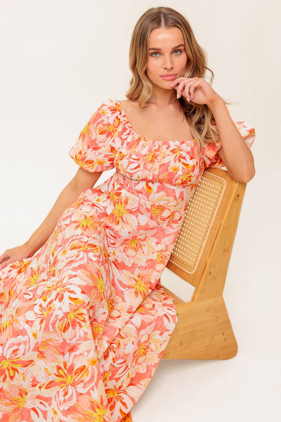 ISLAND FLOWERS PUFF SLEEVE MIDI DRESS - CORAL - FINAL SALE - Image 7