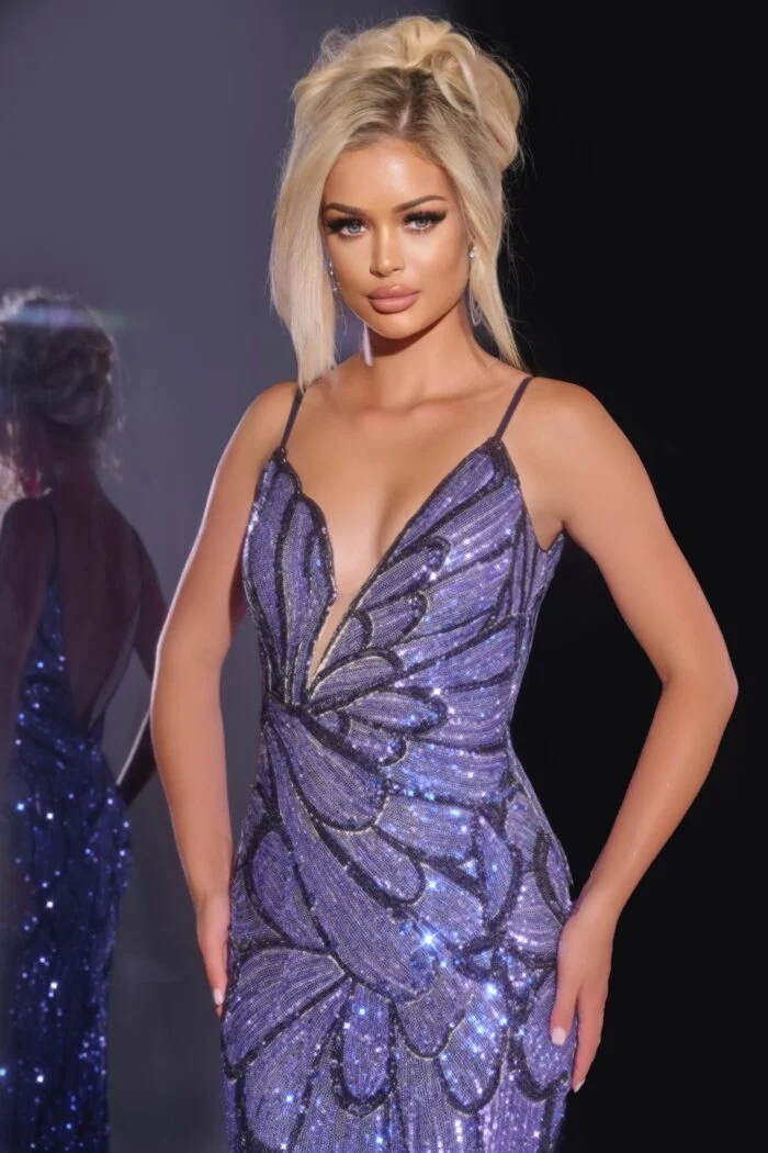 42600 - Jovani - Royal Blue Butterfly Wing Sequin Dress - Image 3