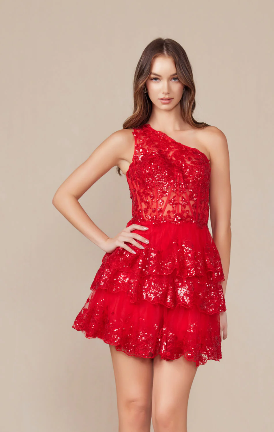 CHRISTIE MINI DRESS - RED - ONE SHOULDER TIERED SHORT DRESS - Image 2