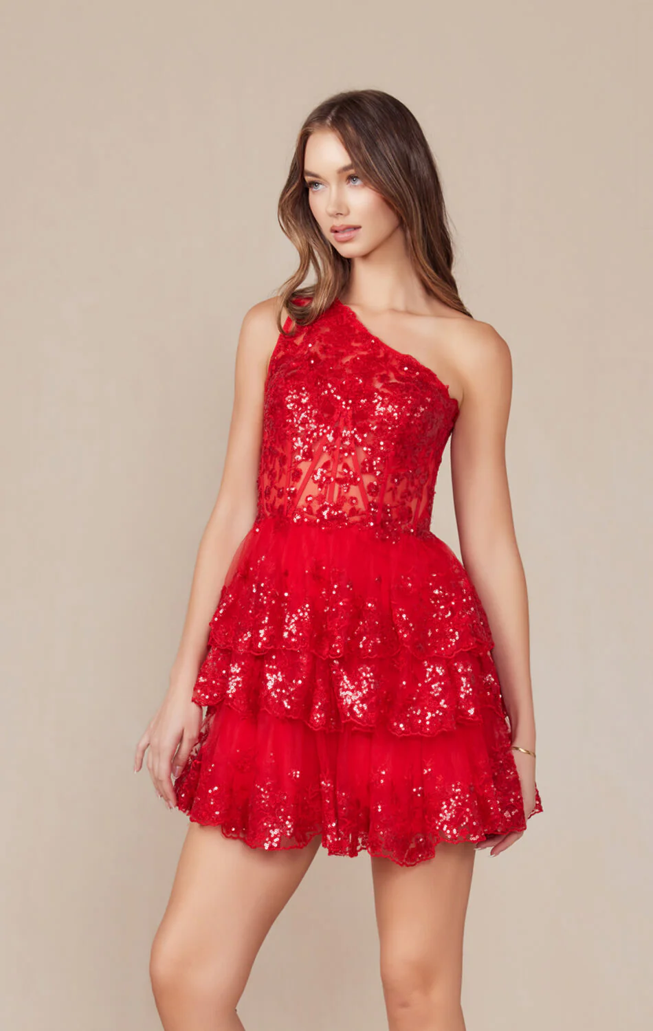 CHRISTIE MINI DRESS - RED - ONE SHOULDER TIERED SHORT DRESS - Image 3