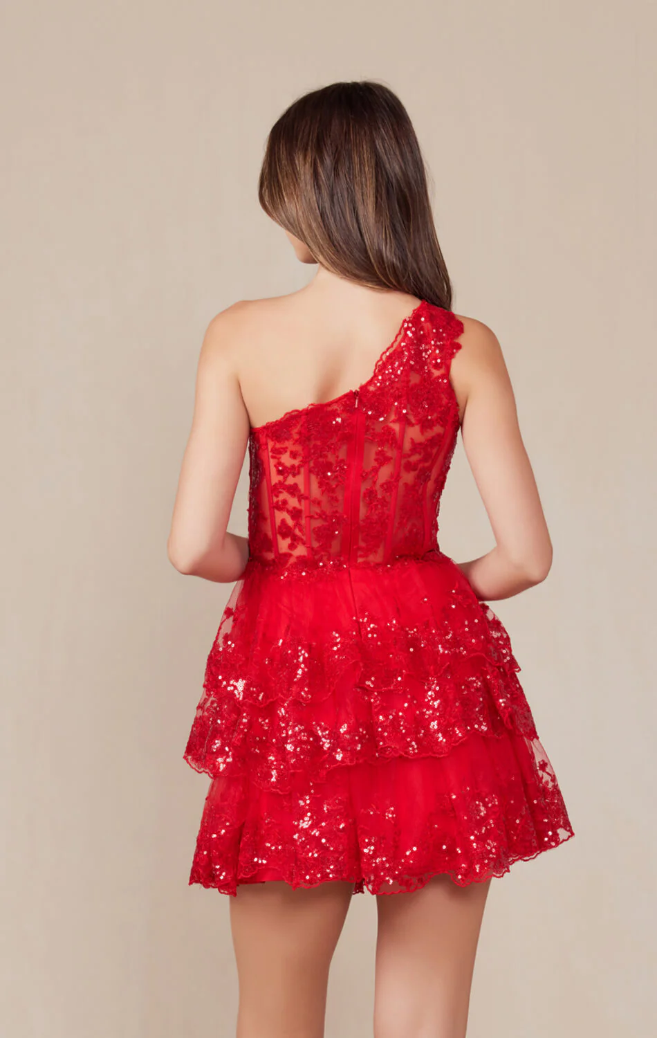 CHRISTIE MINI DRESS - RED - ONE SHOULDER TIERED SHORT DRESS - Image 4