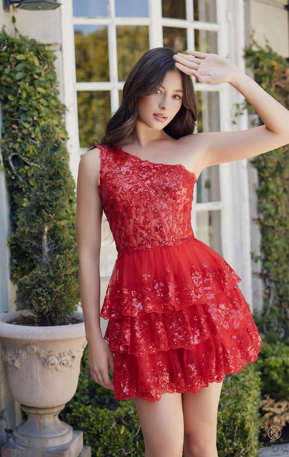 CHRISTIE MINI DRESS - RED - ONE SHOULDER TIERED SHORT DRESS - Image 5