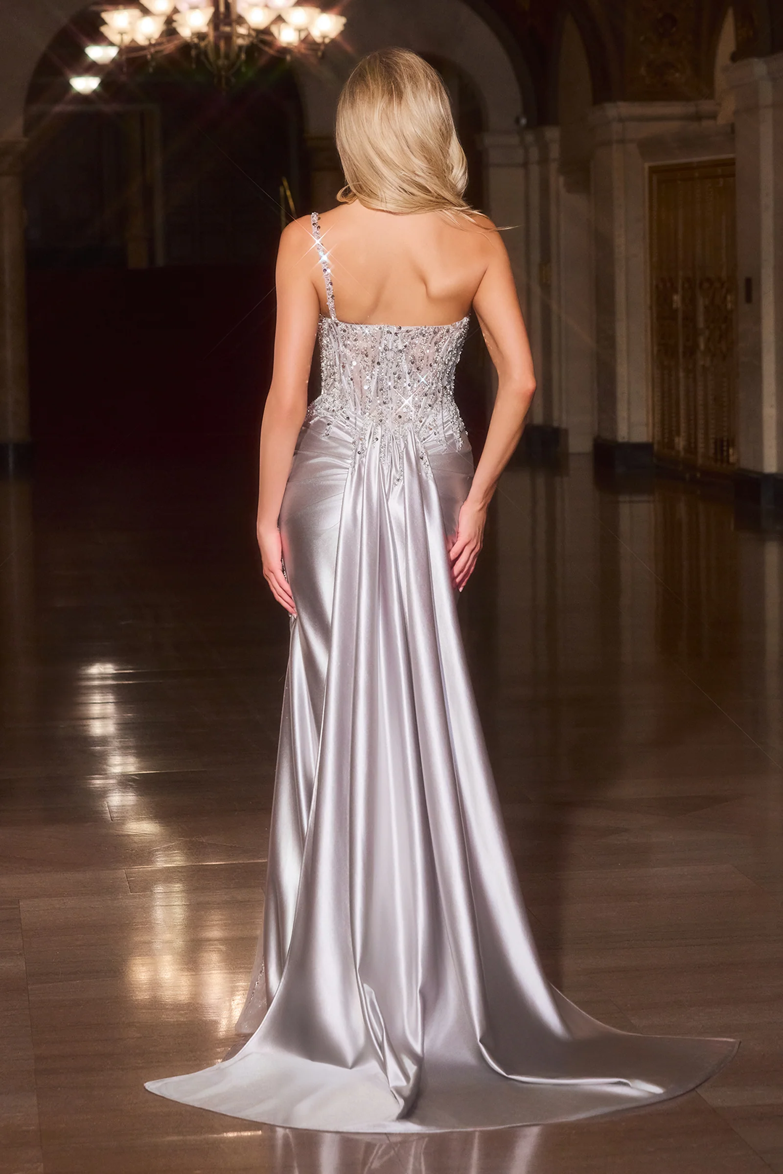 Kendra Gown – Silver Dress With Train & Skirt Inset Detail - Image 3