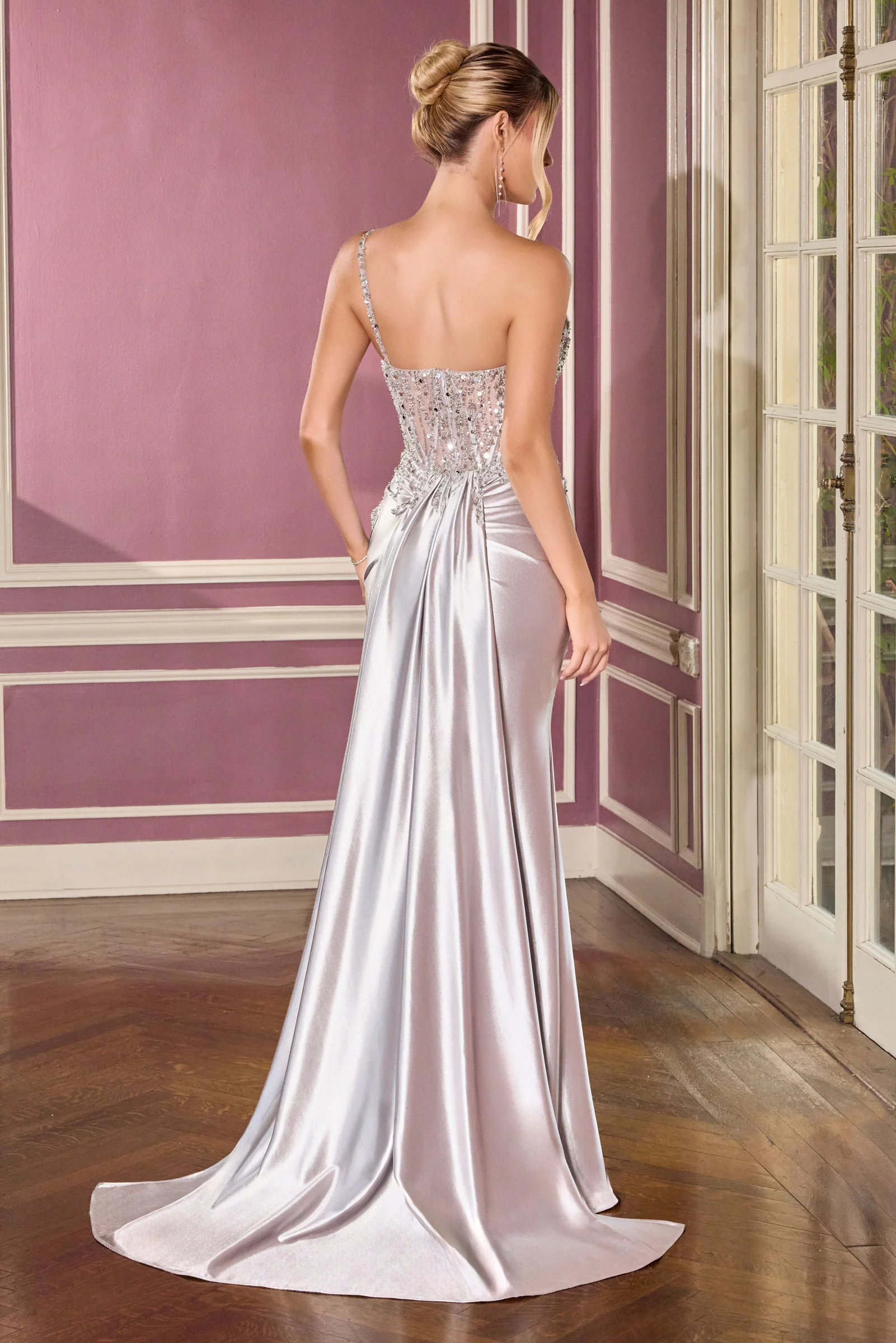 Kendra Gown – Silver Dress With Train & Skirt Inset Detail - Image 9
