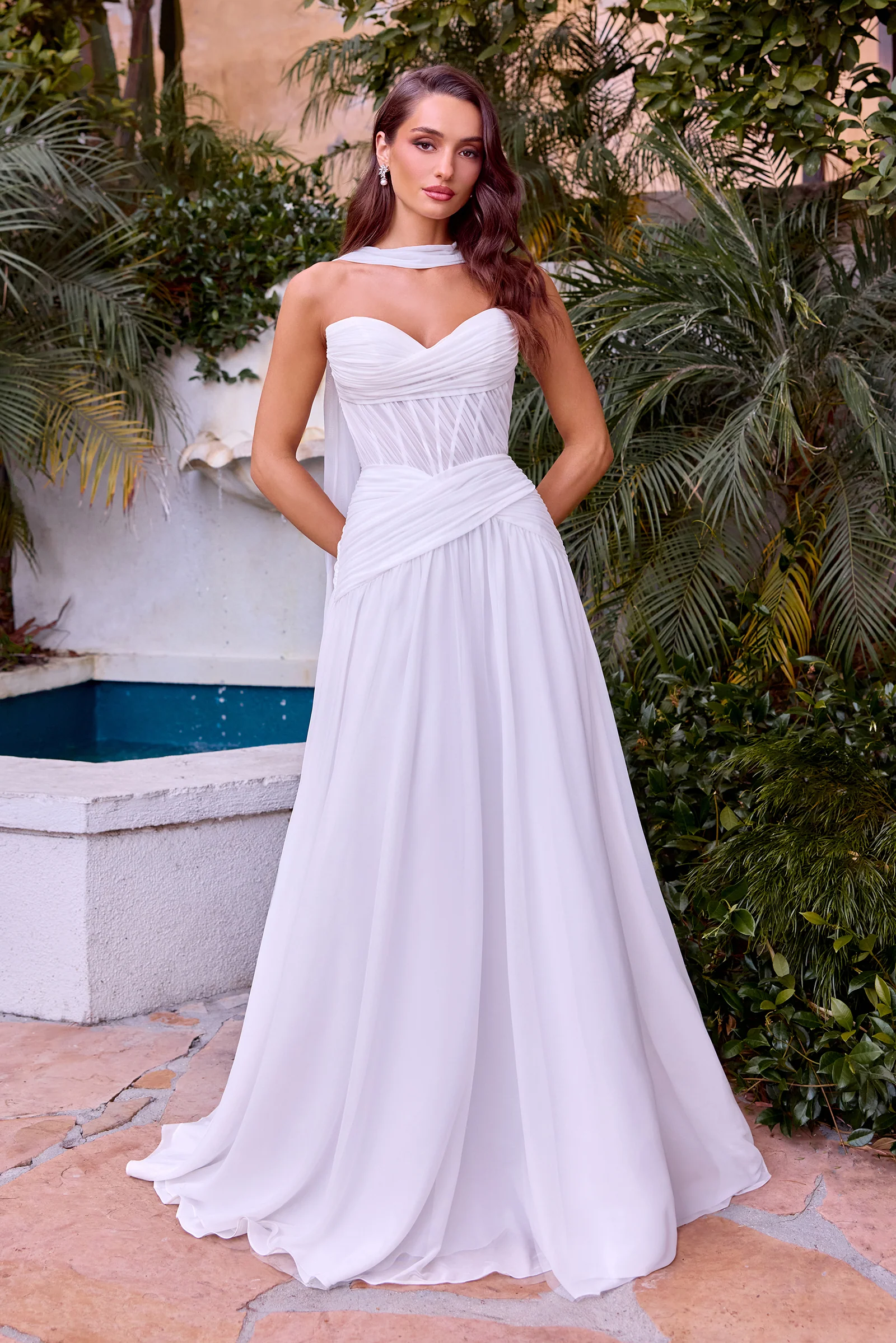 Kimberly Gown - Off-White Chiffon A-line Dress With Scarf