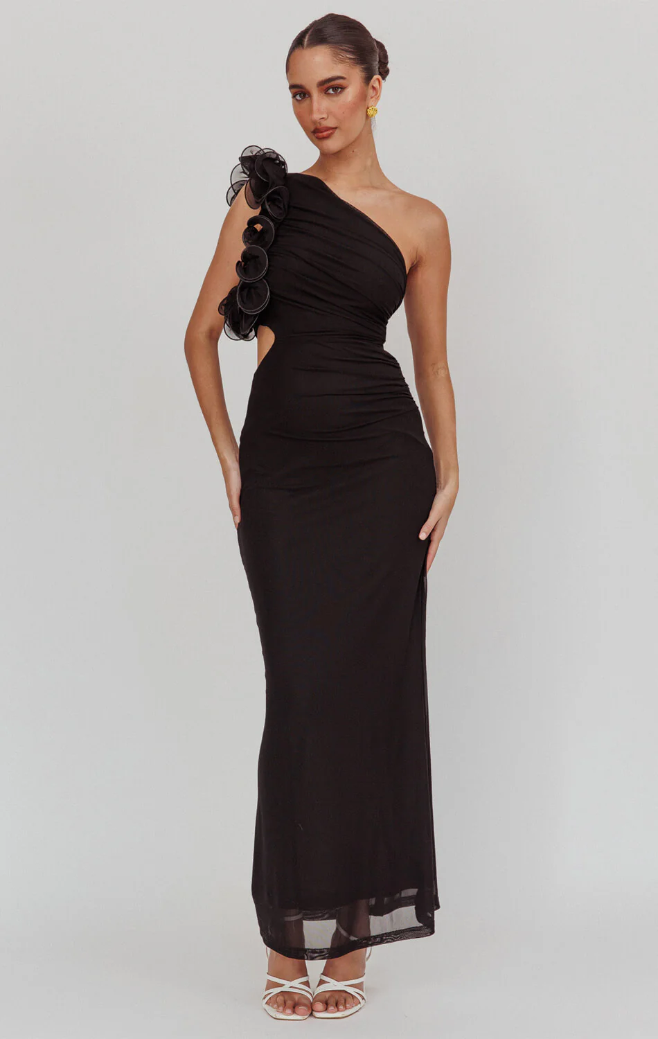 LIZBETH ONE SHOULDER MESH MAXI DRESS - BLACK - Image 2