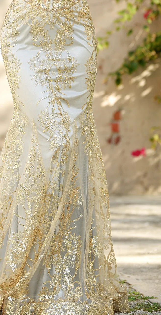 Lyra Gown - Gold Mist - FITTED FLORAL GLITTER PRINT CORSET GOWN - Image 8