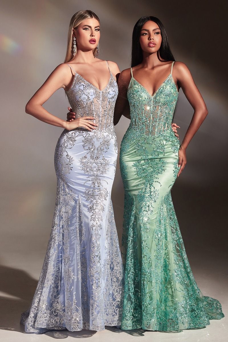 Lyra Gown - Sage - FITTED FLORAL GLITTER PRINT CORSET GOWN - Image 2