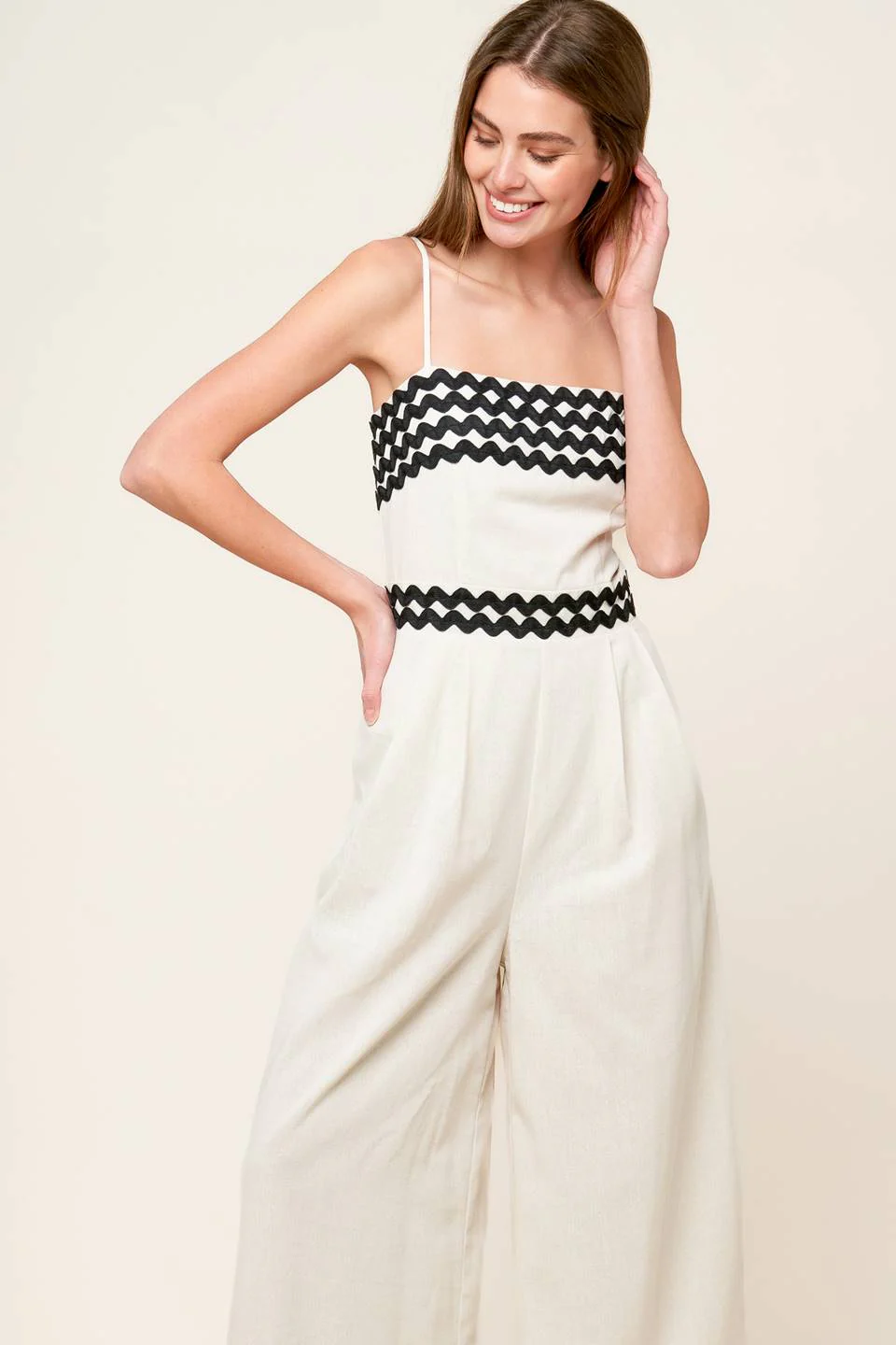MEET AT THE PIER - CREAM - RIC RAC TRIM WIDE LEG JUMPSUIT - Image 4