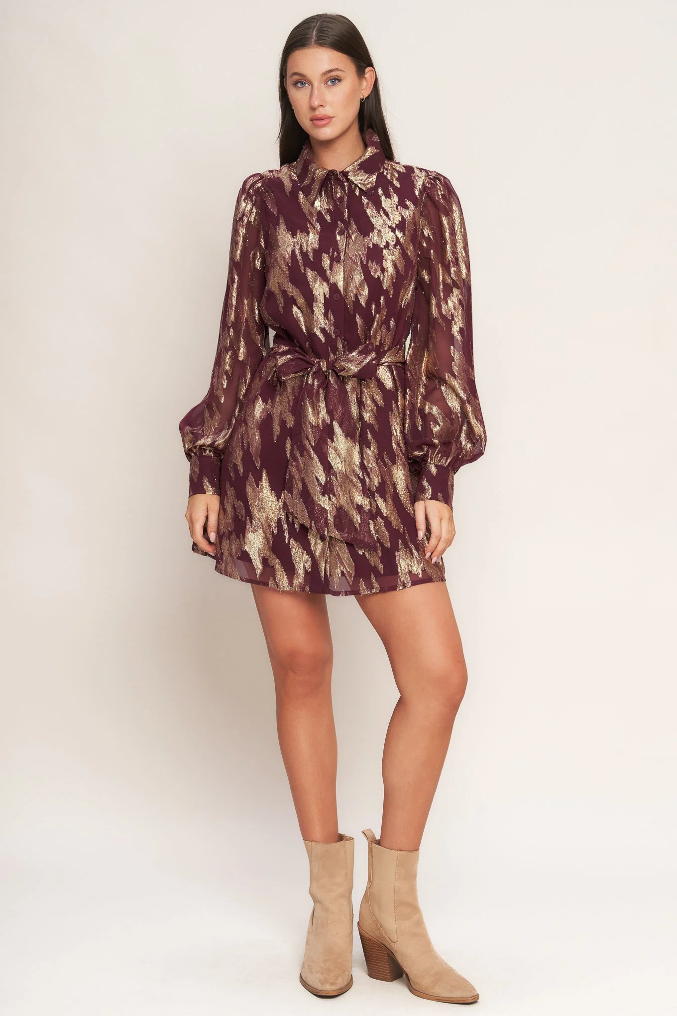 METALLIC MUSE BURGUNDY LONG SLEEVE MINI DRESS - FINAL SALE - Image 6