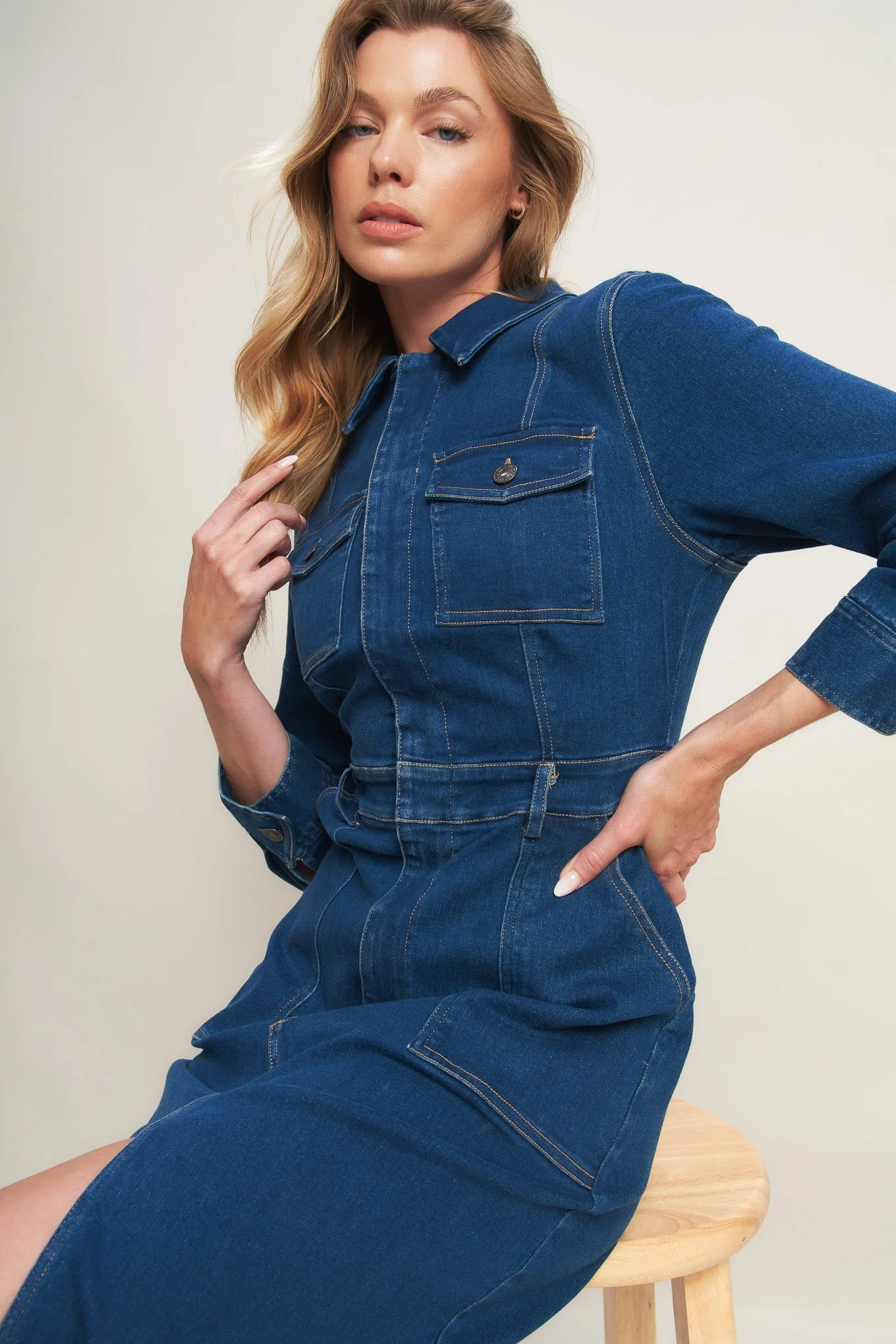 MIDNIGHT DARK INDIGO DENIM MIDI DRESS - Image 3