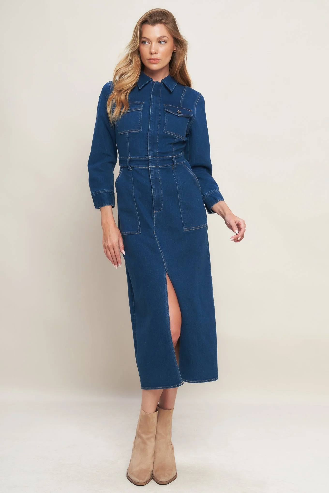 MIDNIGHT DARK INDIGO DENIM MIDI DRESS - Image 4